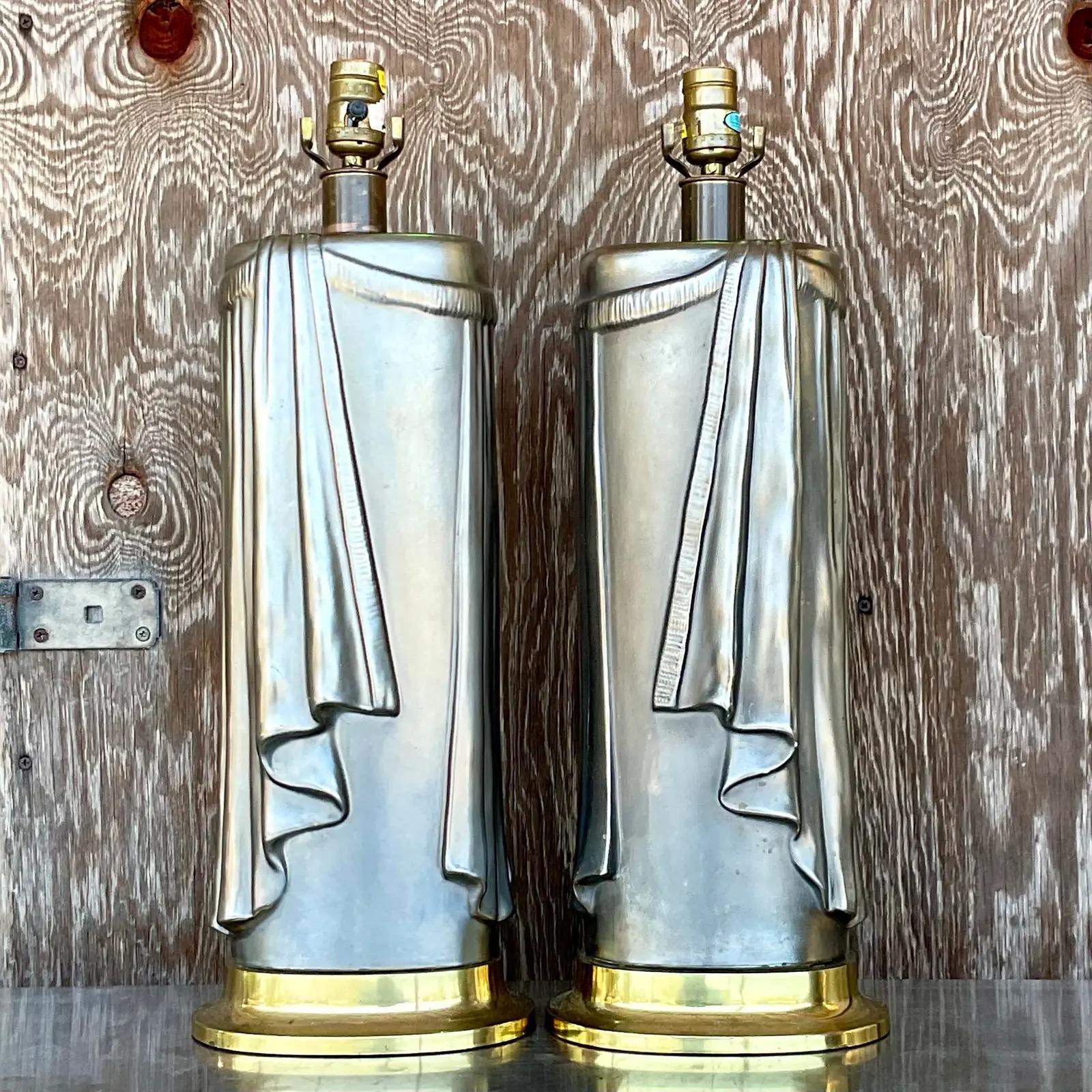 Vintage Regency 80s Chapman Glazed Ceramic Swag Table Lamps - a Pair 2
