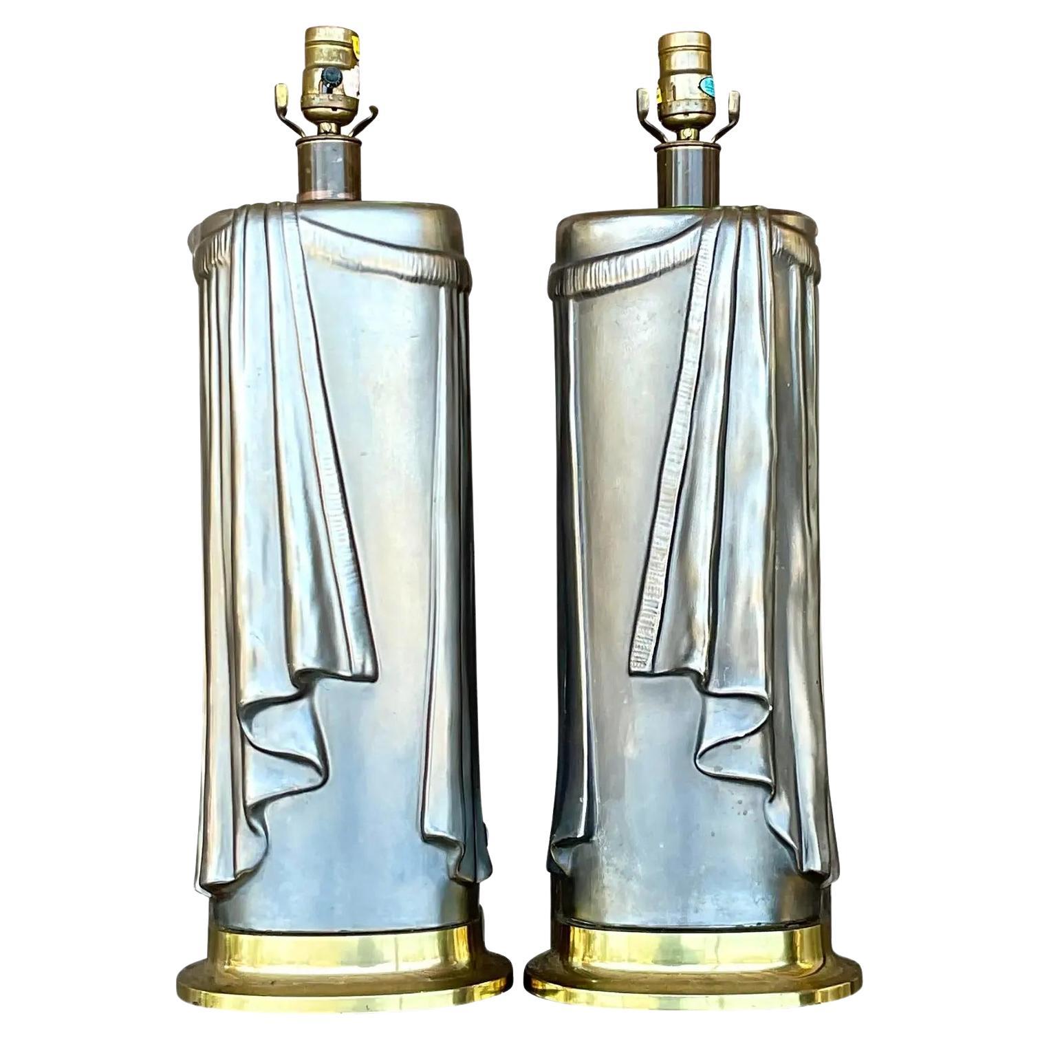 Vintage Regency 80s Chapman Glazed Ceramic Swag Table Lamps - a Pair For Sale