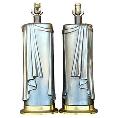 Retro Regency 80s Chapman Glazed Ceramic Swag Table Lamps - a Pair