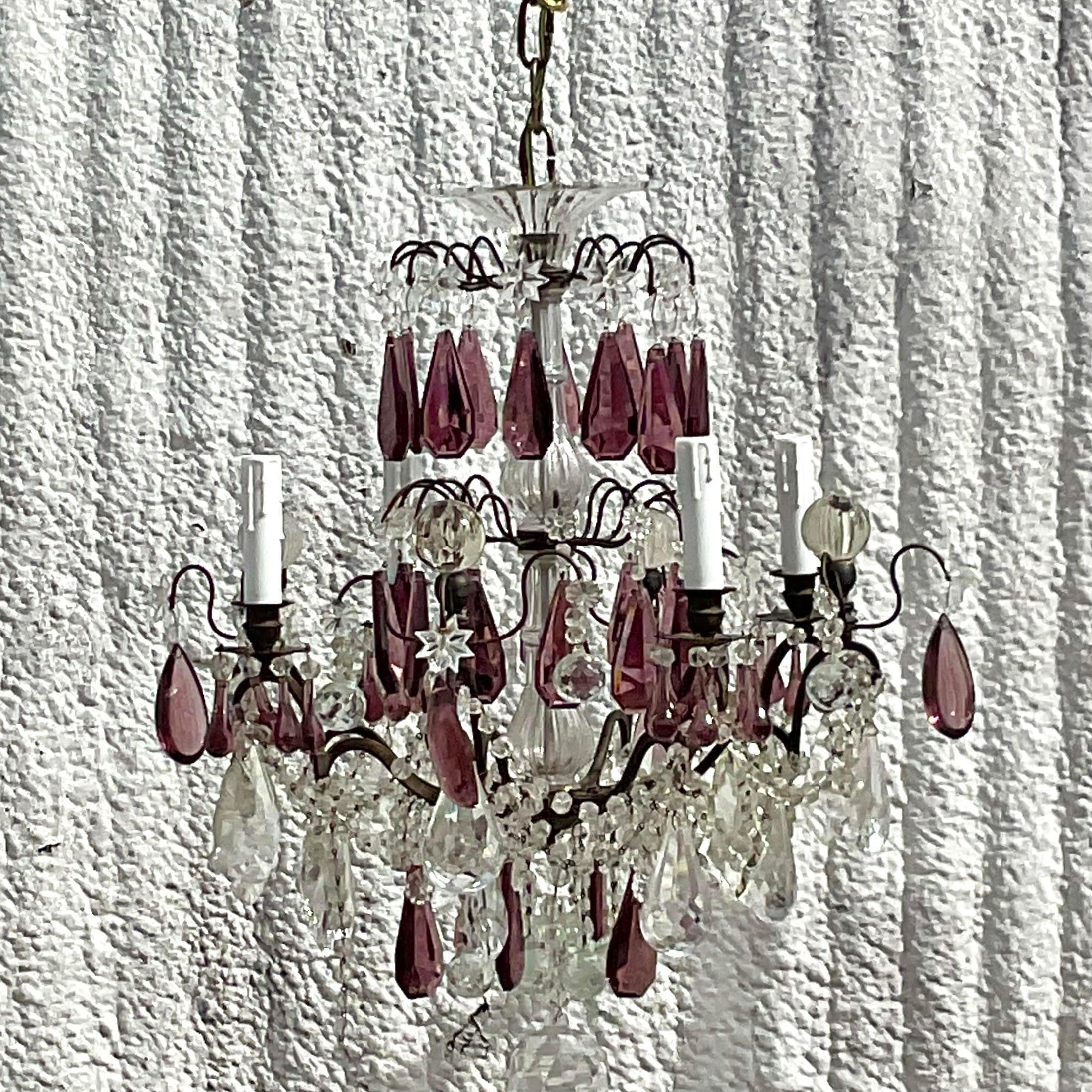 Vintage Regency Amethyst Crystal Teardrop Chandelier In Good Condition For Sale In west palm beach, FL