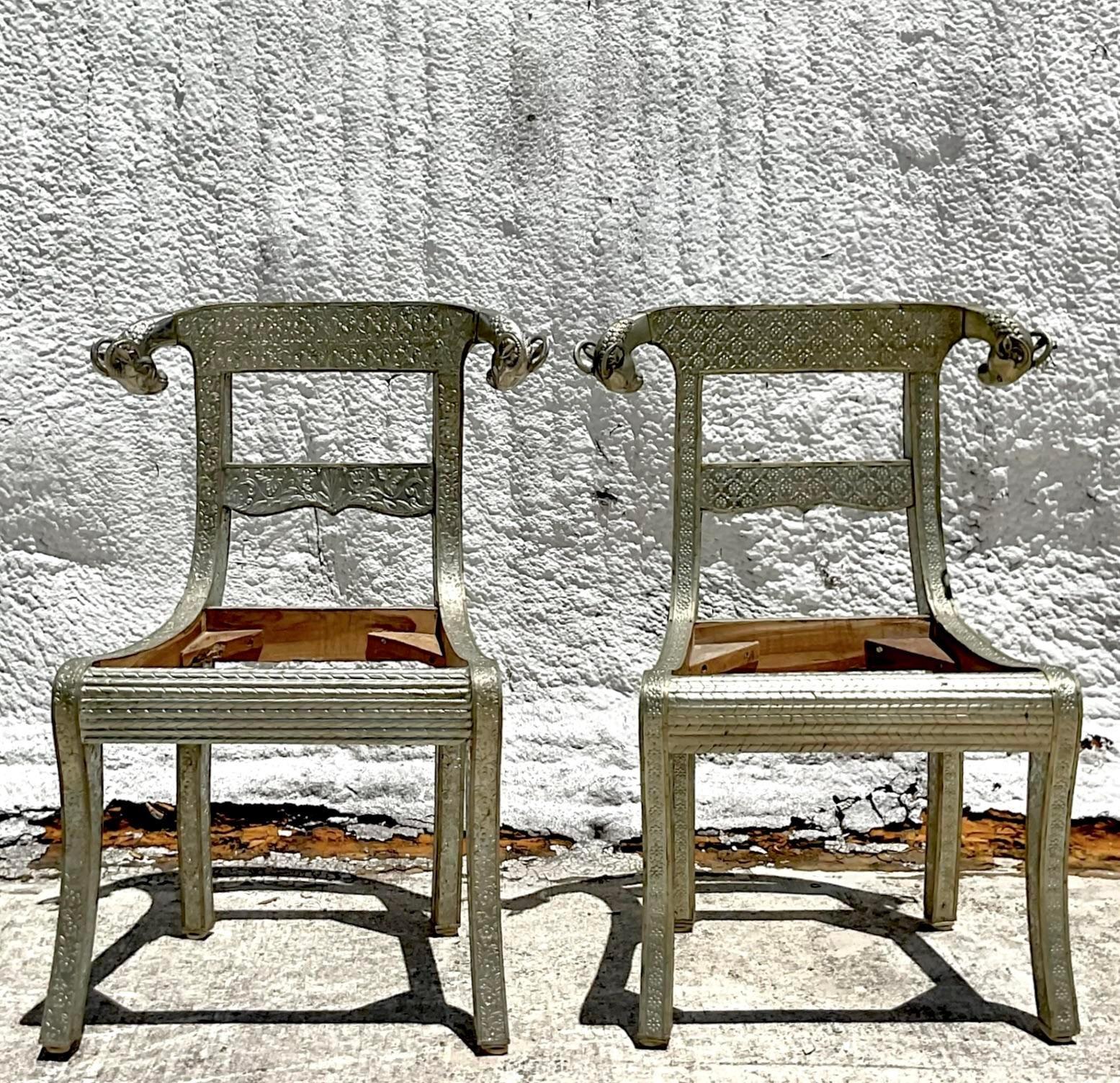 Vintage Regency Anglo Indian Ram’s Head Wedding ChAir - Set of 2 For Sale 3