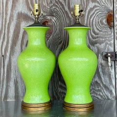Vintage Regency Apple Green Crackle Glazed Ceramic Lamps - a Pair