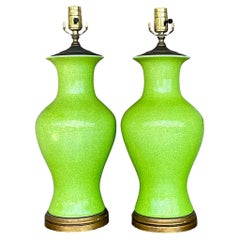 Vintage Regency Apple Green Crackle Glazed Ceramic Lamps - a Pair