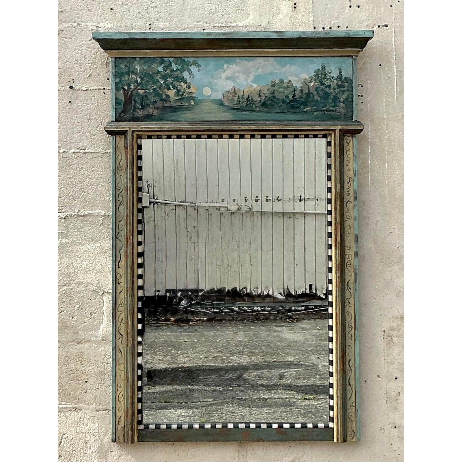 Vintage Regency Artisan Hand Painted Mirror In Good Condition For Sale In west palm beach, FL