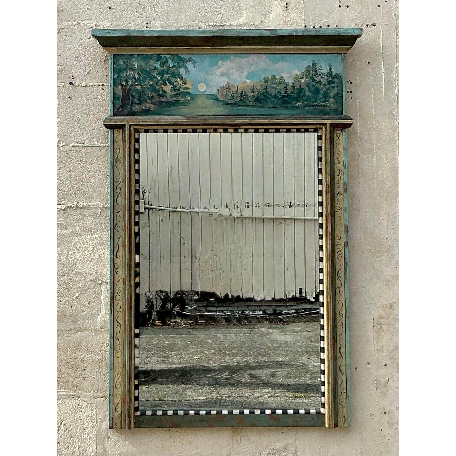 20th Century Vintage Regency Artisan Hand Painted Mirror For Sale