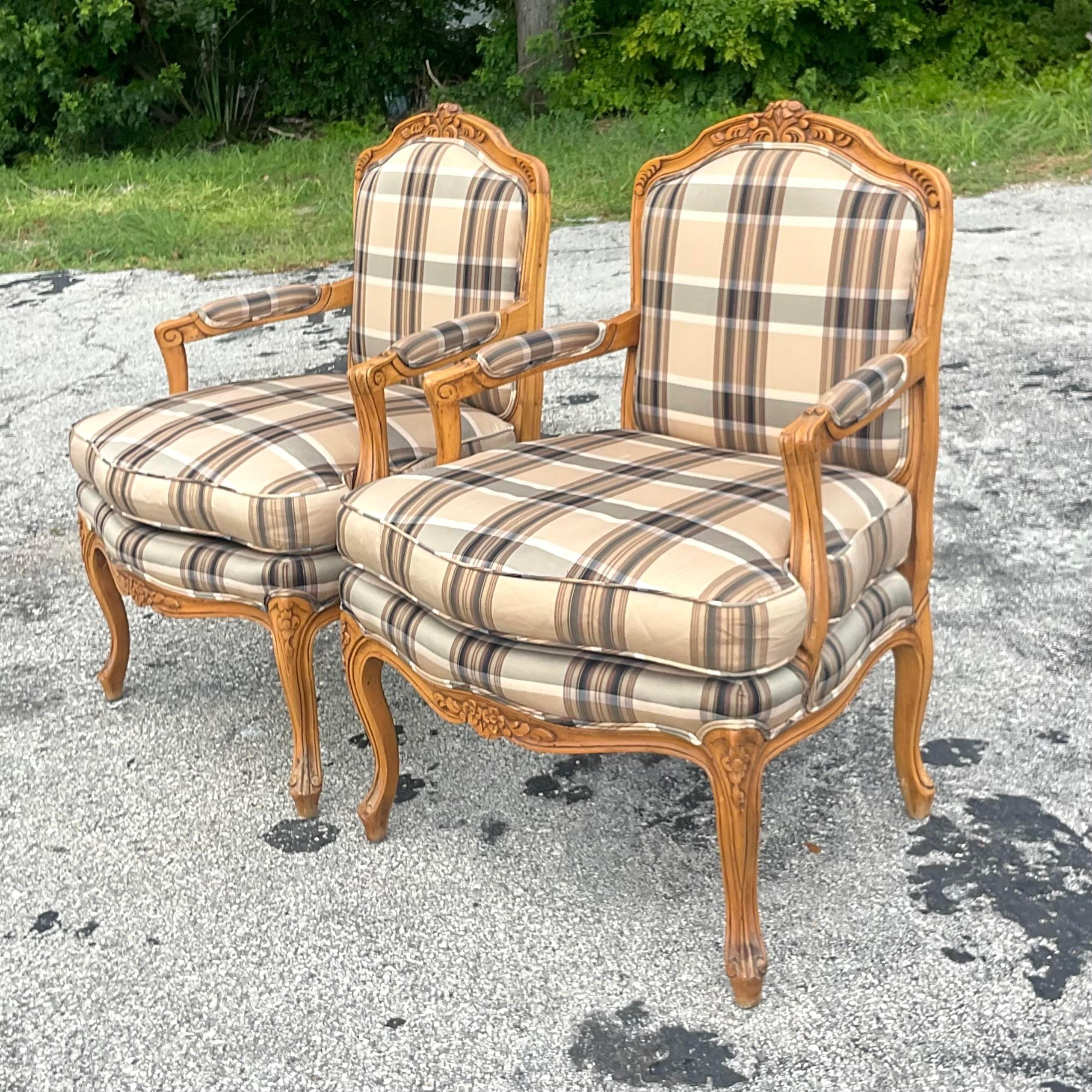 20th Century Vintage Regency Baker Furniture Bergere Chairs - a Pair