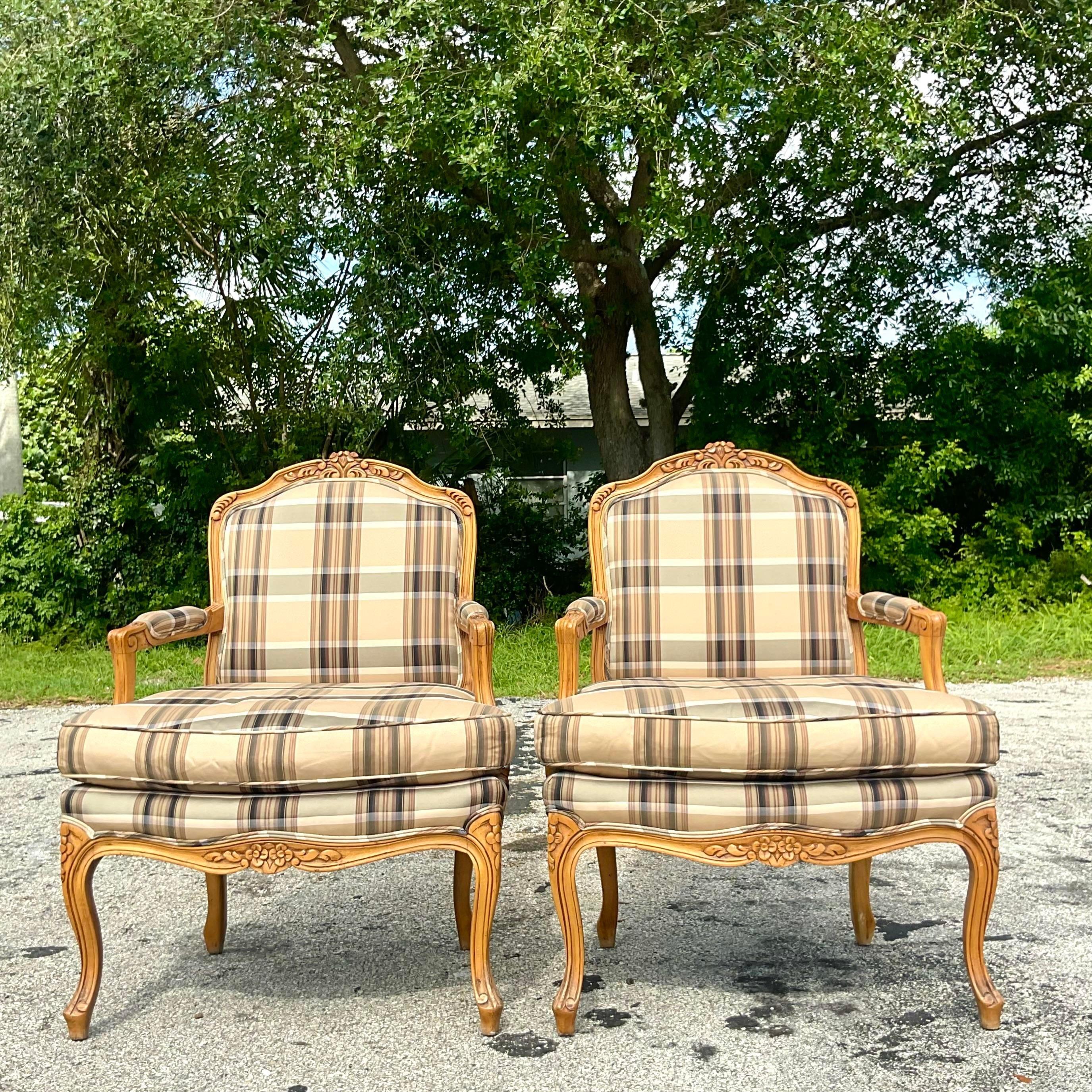 Upholstery Vintage Regency Baker Furniture Bergere Chairs - a Pair