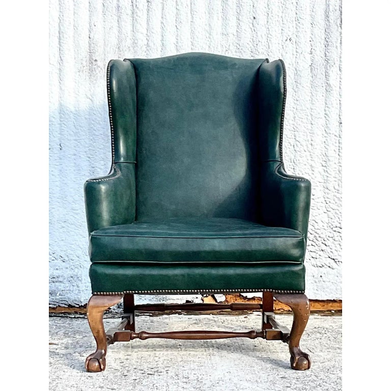 Vintage Regency Baker Leather Wingback Chair For Sale at 1stDibs