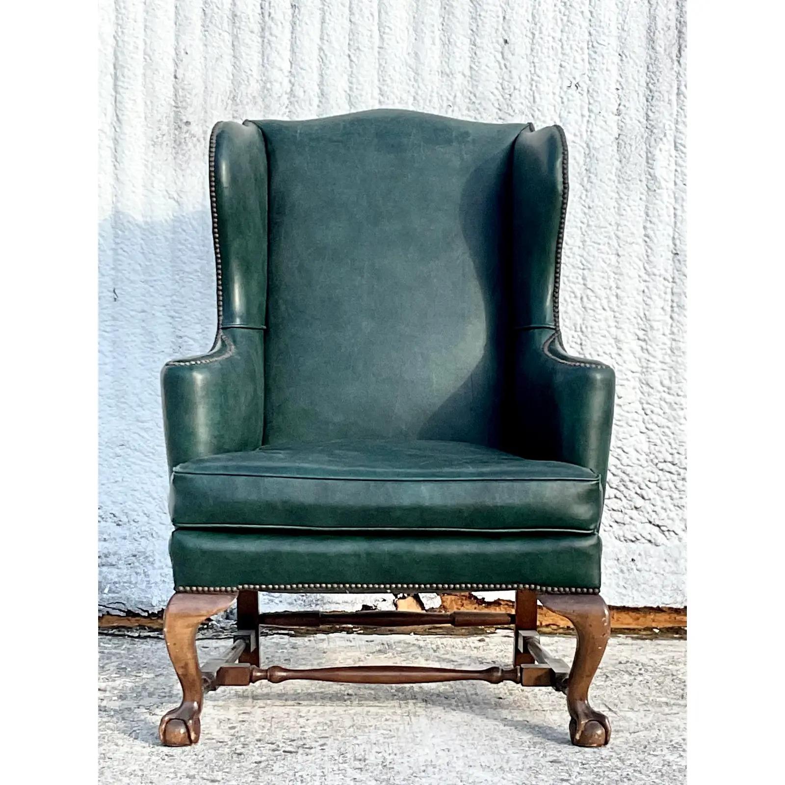 20th Century Vintage Regency Baker Leather Wingback Chair
