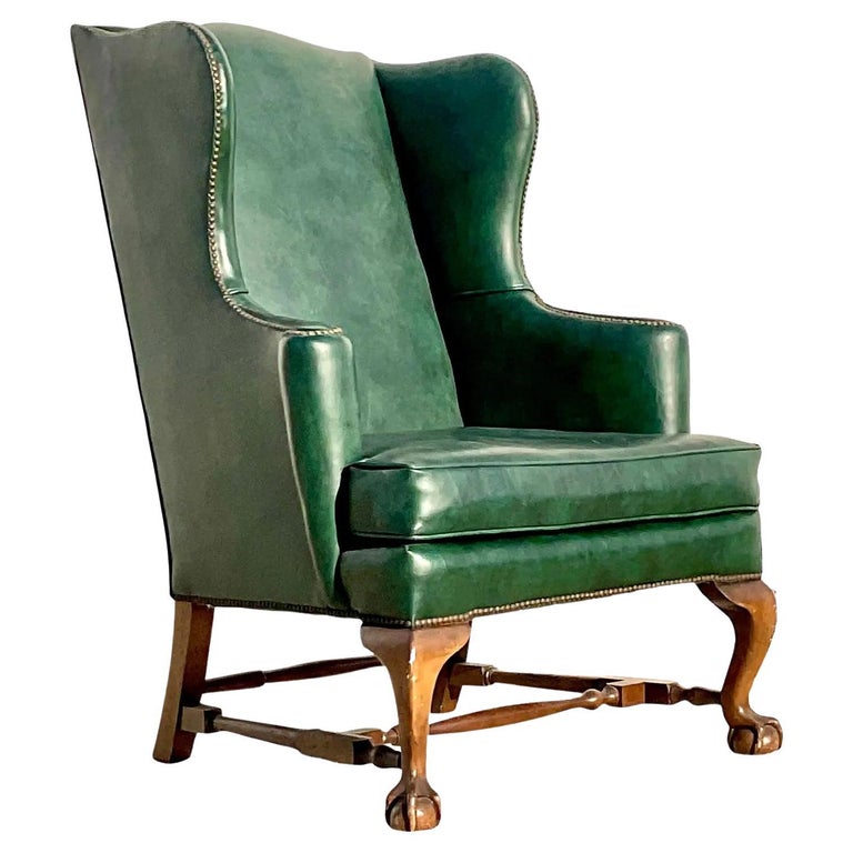 Vintage Regency Baker Leather Wingback Chair For Sale at 1stDibs