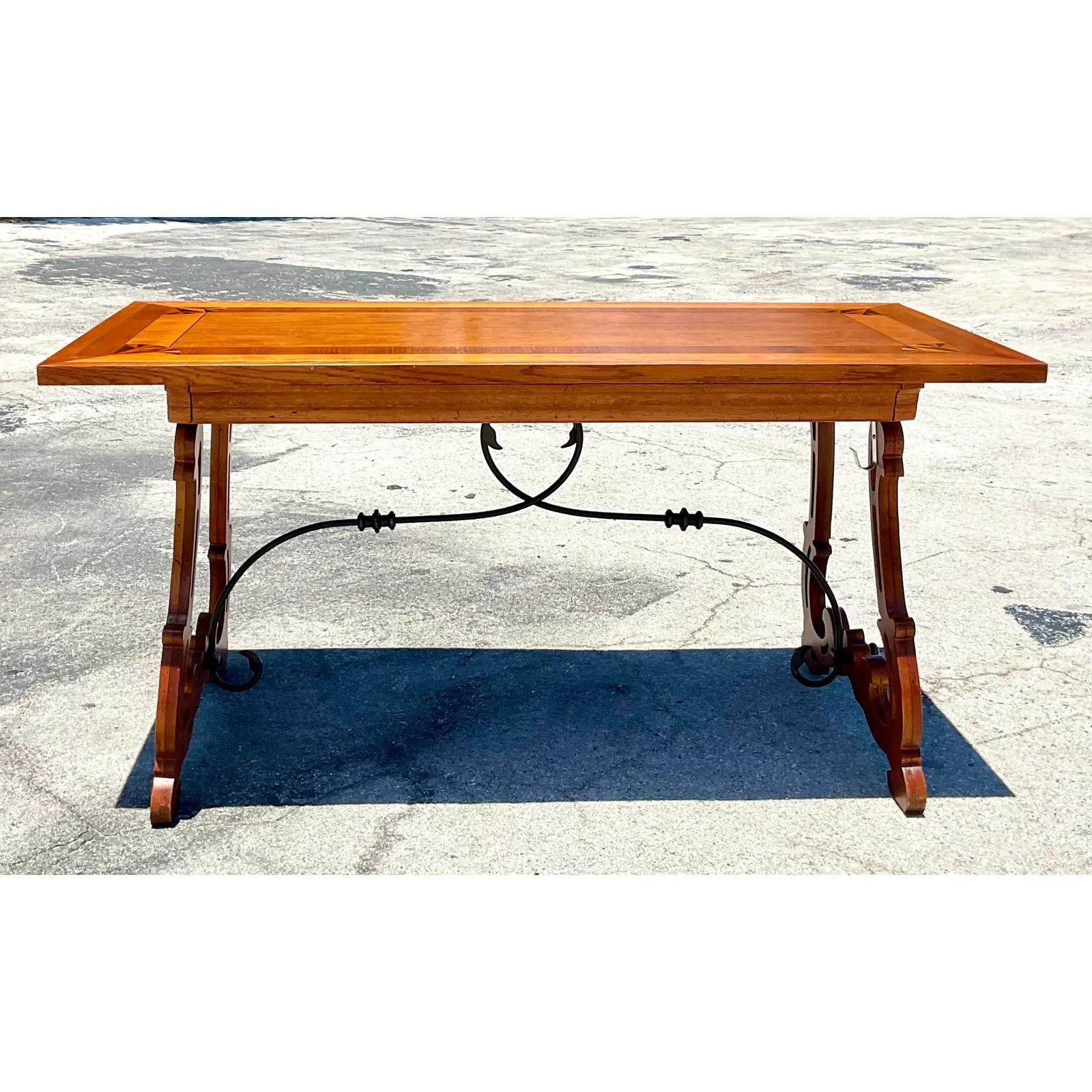 Wrought Iron Vintage Regency Baker Marquetry Writing Desk