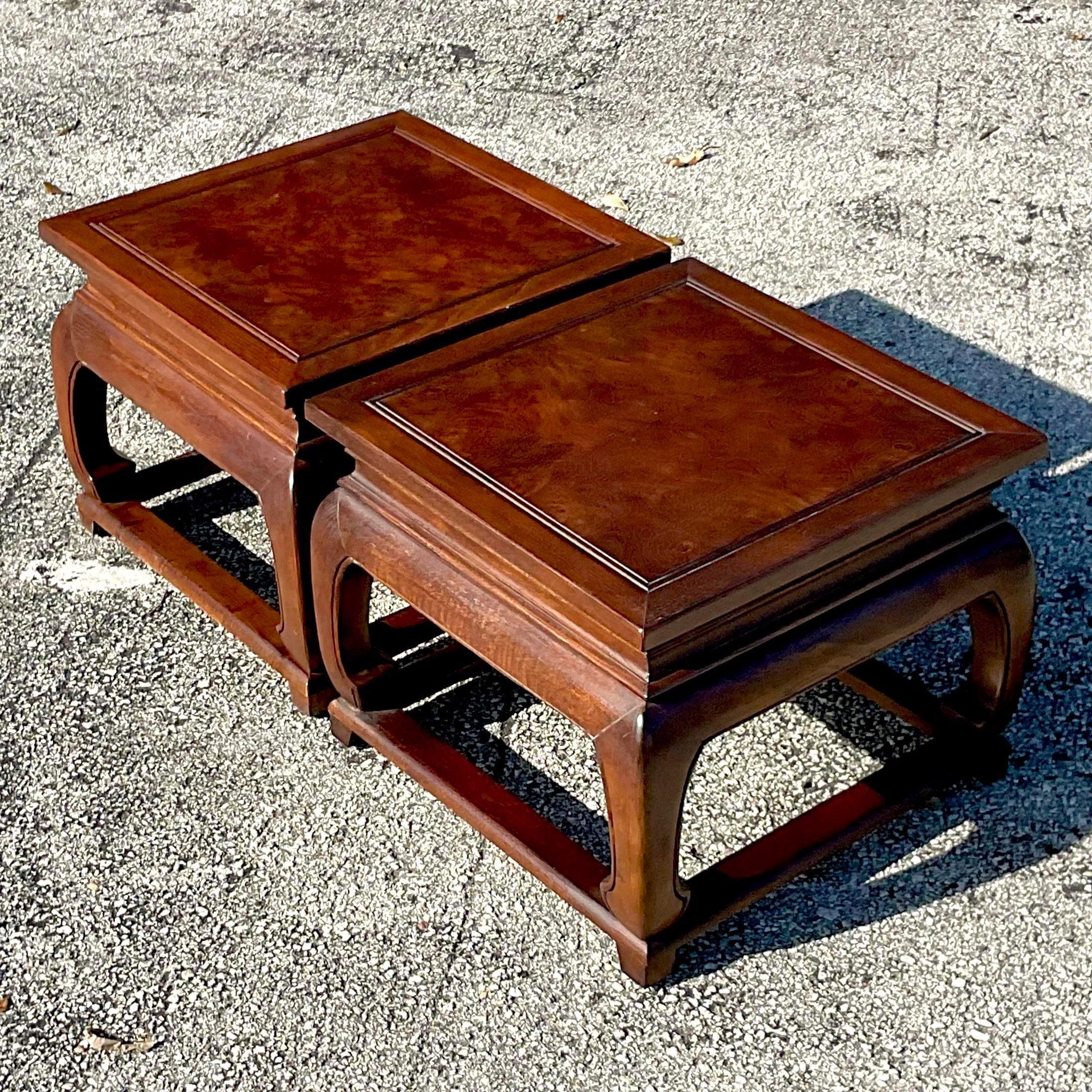 20th Century Vintage Regency Baker Ming Burl Side Tables - a Pair For Sale