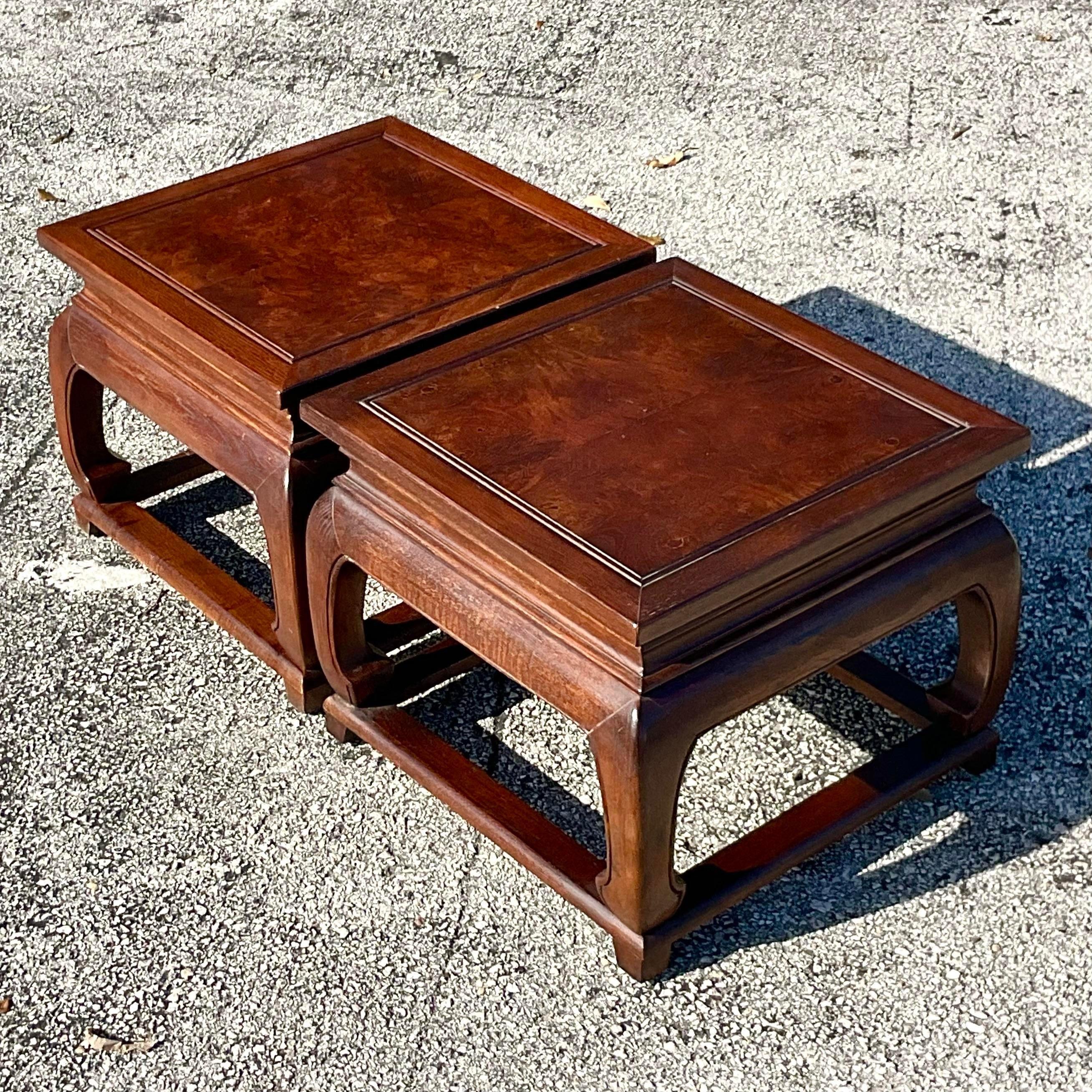 Wood Vintage Regency Baker Ming Burl Side Tables - a Pair For Sale