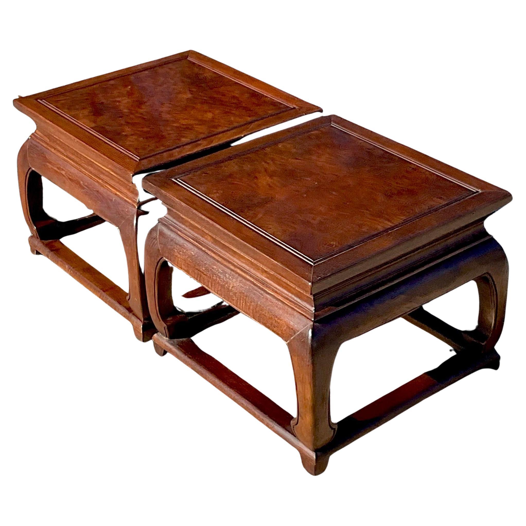 Vintage Regency Baker Ming Burl Side Tables - a Pair