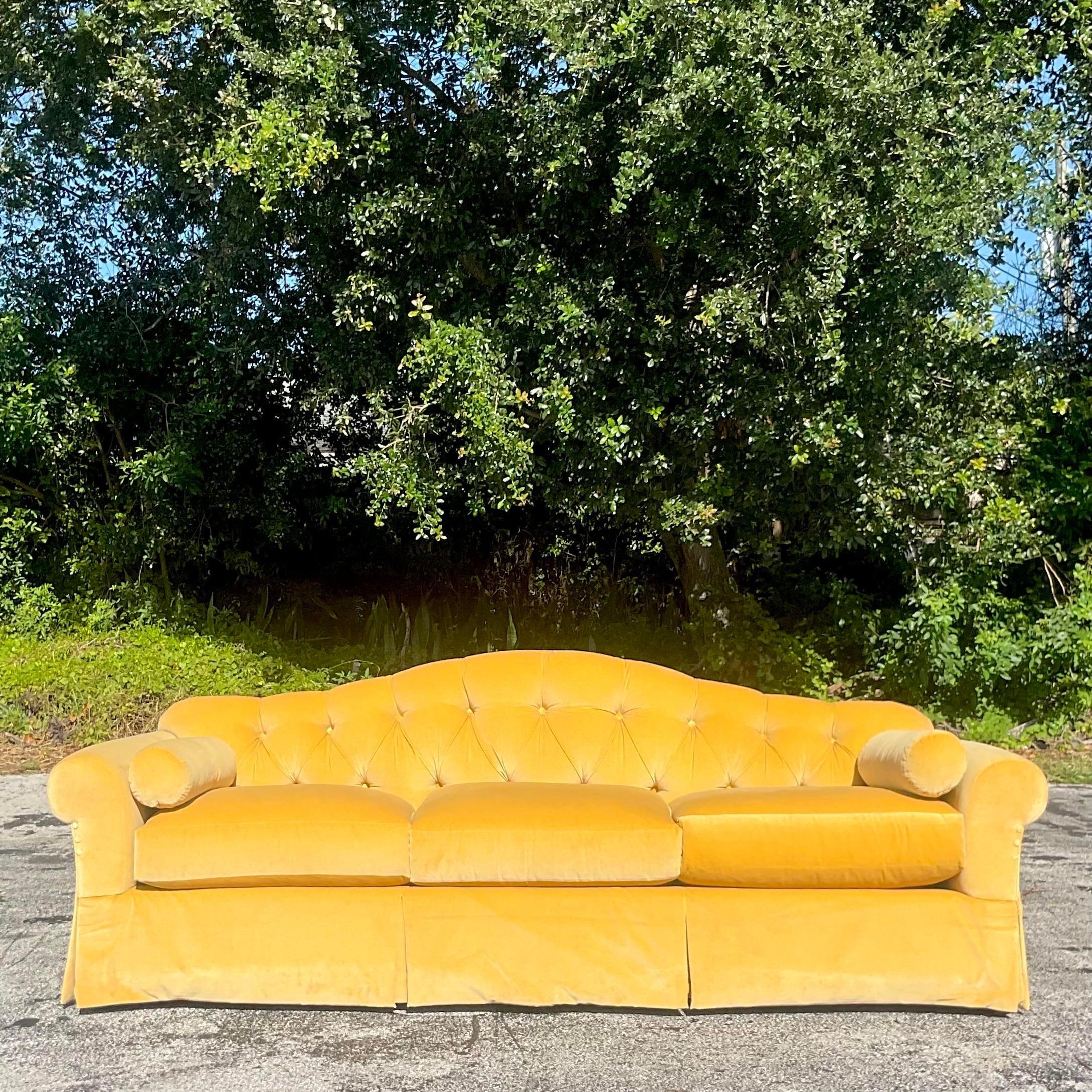 yellow velvet couch vintage