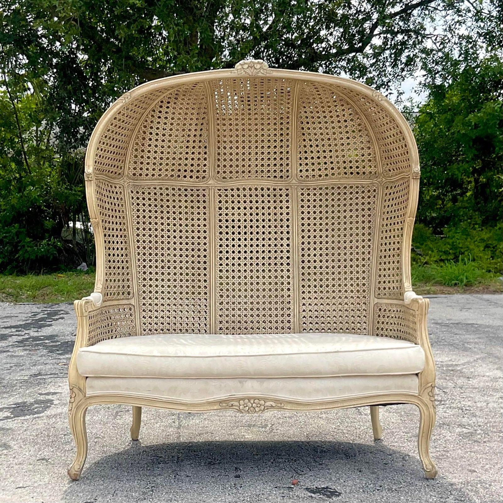 Vintage Regency Balloon Back Cerused Cane Settee For Sale at 1stDibs
