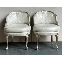 Vintage Regency Baroque Quilted Silver Leaf Lounge Chairs - A Pair