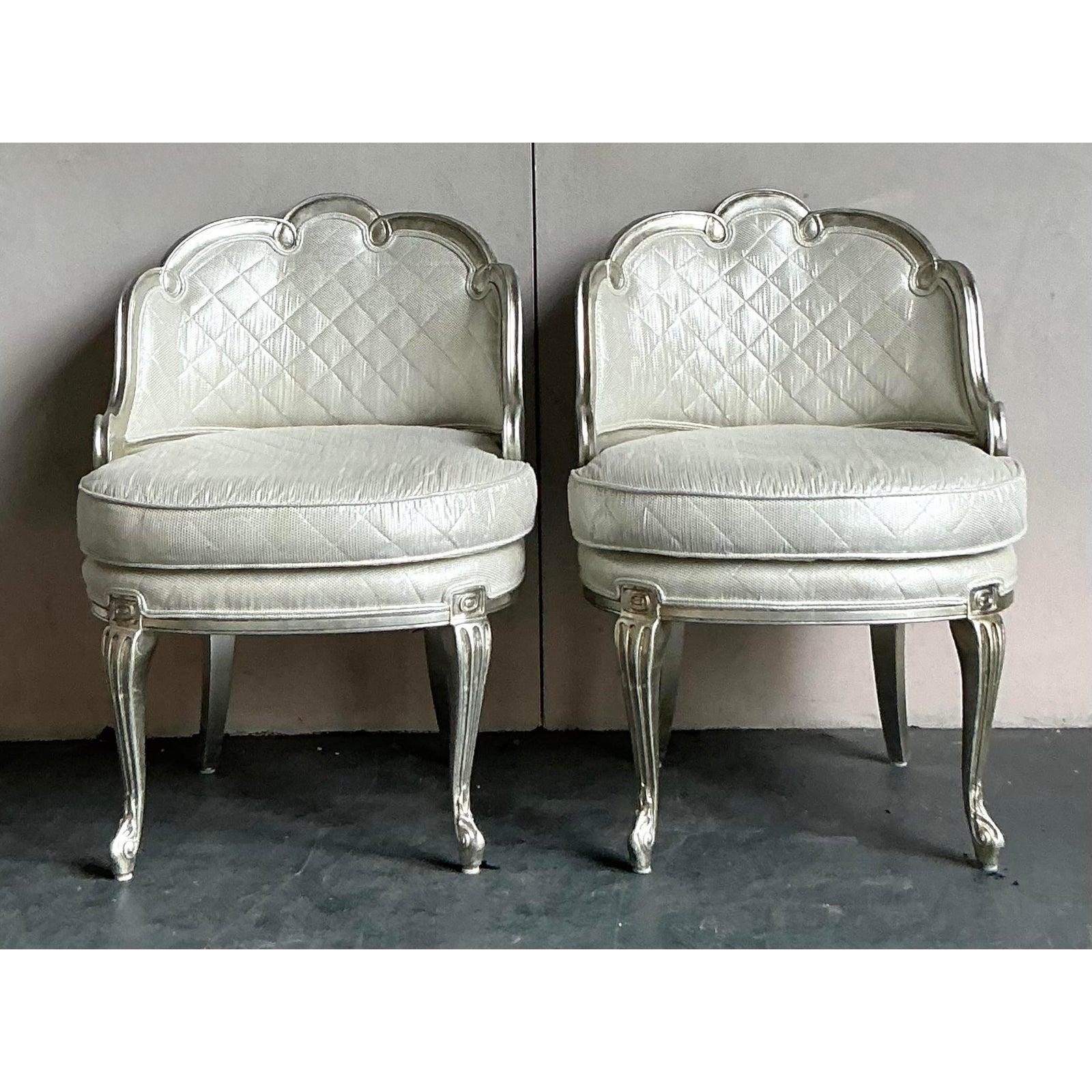 American Vintage Regency Baroque Quilted Silver Leaf Lounge Chairs - A Pair For Sale
