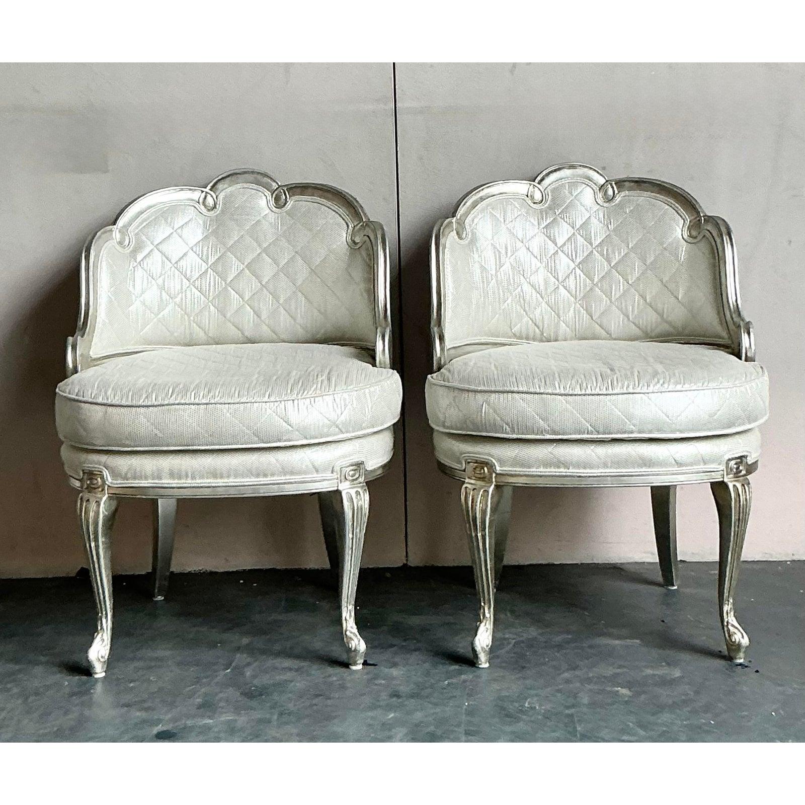 Vintage Regency Baroque Quilted Silver Leaf Lounge Chairs - A Pair In Good Condition For Sale In West Palm Beach, FL