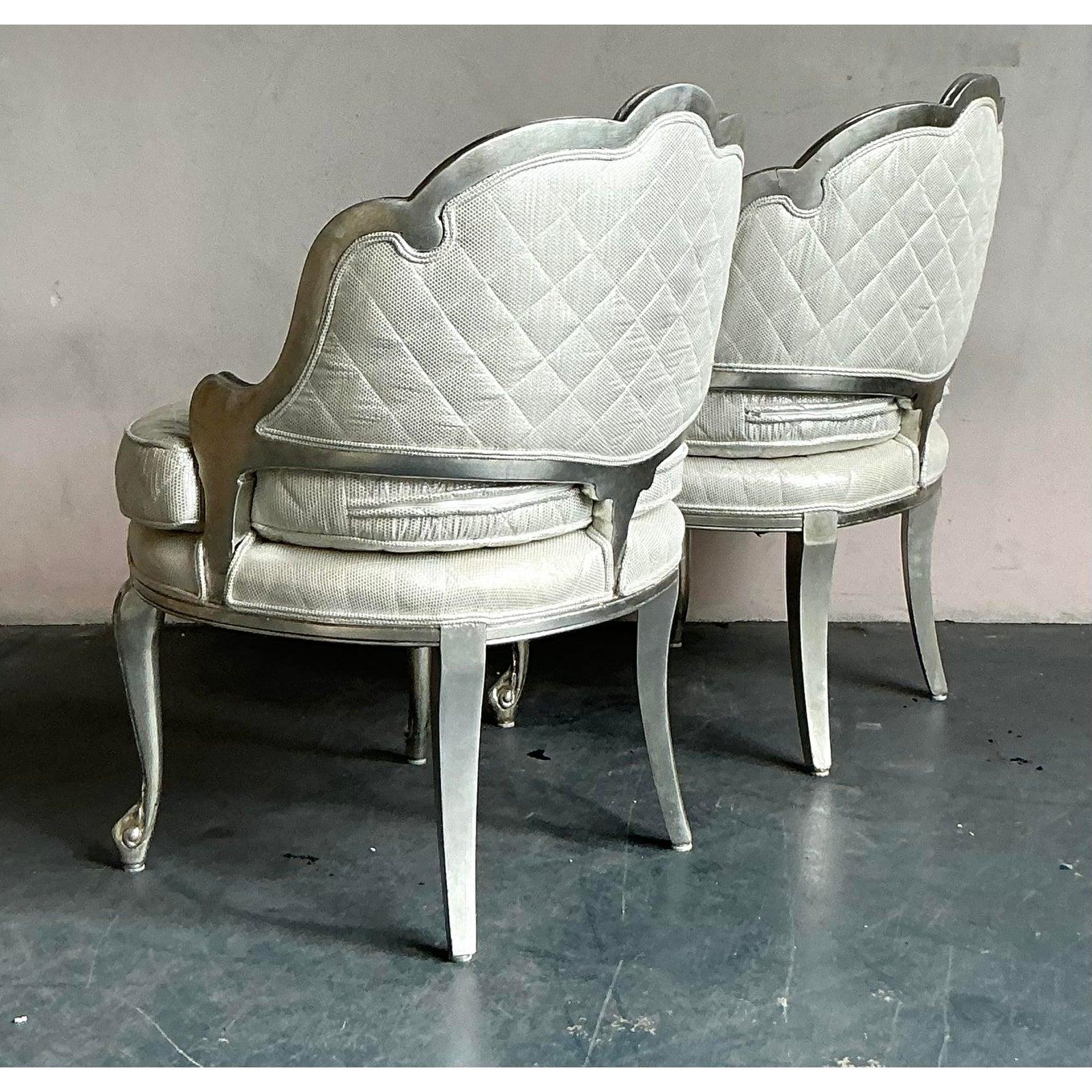 20th Century Vintage Regency Baroque Quilted Silver Leaf Lounge Chairs - A Pair For Sale