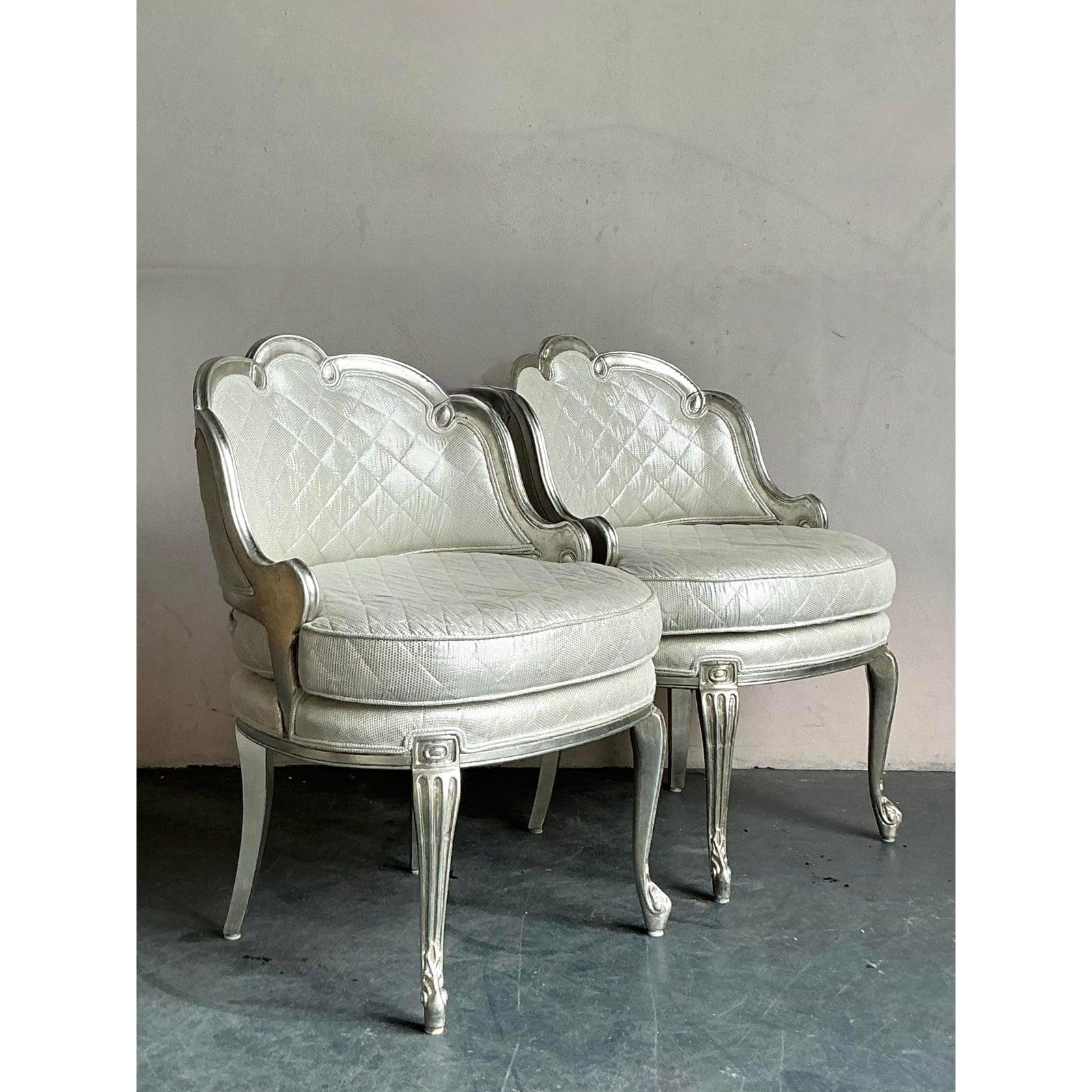 Fabric Vintage Regency Baroque Quilted Silver Leaf Lounge Chairs - A Pair For Sale