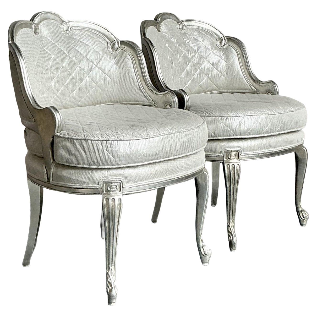 Vintage Regency Baroque Quilted Silver Leaf Lounge Chairs - A Pair For Sale