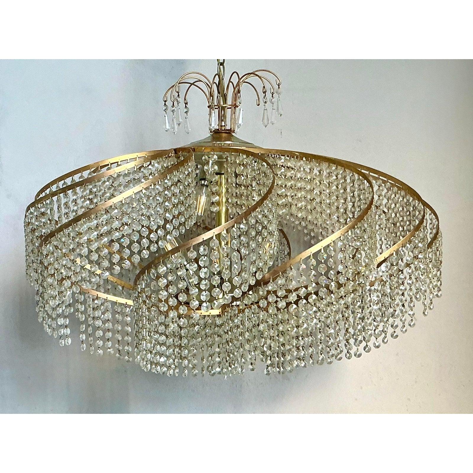 Art Déco Lampadario a vortice in cristallo belga Vintage Regency in vendita