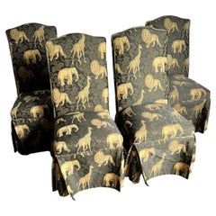 Vintage Regency Black and Gold Animals Skirted Parsons Dining Chairs - Set of 4 Vintage Regency Black and Gold Animals Skirted Parsons Dining Chairs - Set of 4