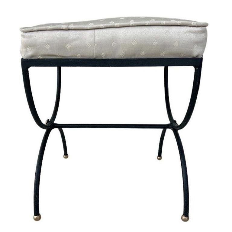 Vintage Regency Black and Gold Iron Carule Bench with Upholstered Cream Seat In Good Condition For Sale In Oklahoma City, OK