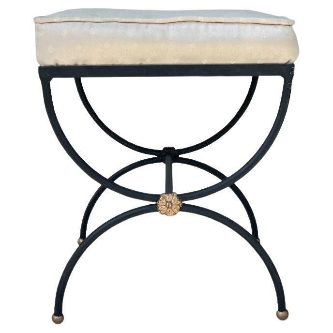 Vintage Regency Black and Gold Iron Carule Bench with Upholstered Cream Seat For Sale