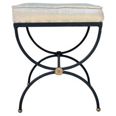 Used Regency Black and Gold Iron Carule Bench with Upholstered Cream Seat