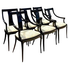 Vintage Regency Black Lacquered Klismos Dining Chairs, Set of 6