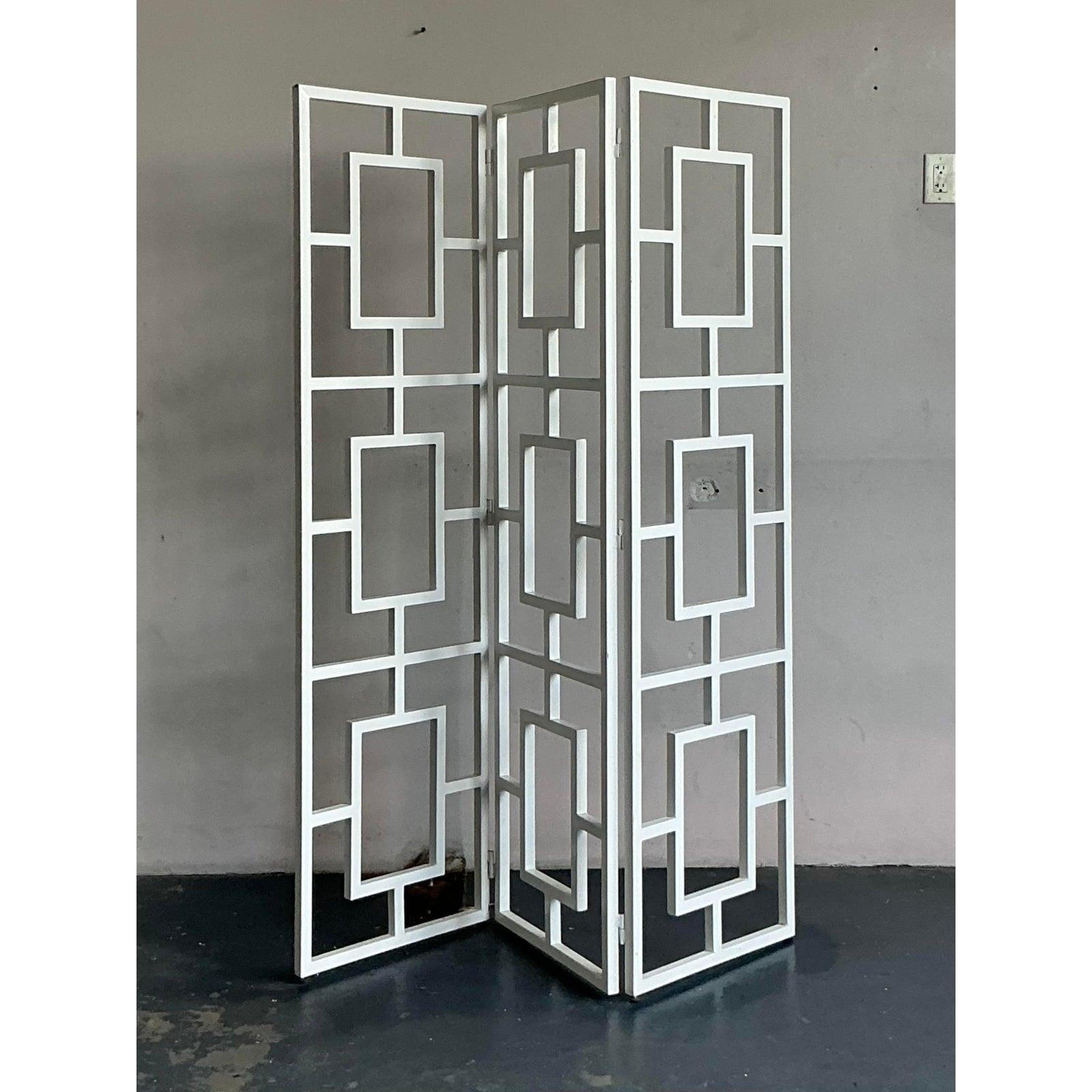Metal Vintage Regency Block Folding Screen For Sale