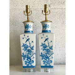 Vintage Regency Blue and White Chinoiserie Glazed Ceramic Lamps, a Pair