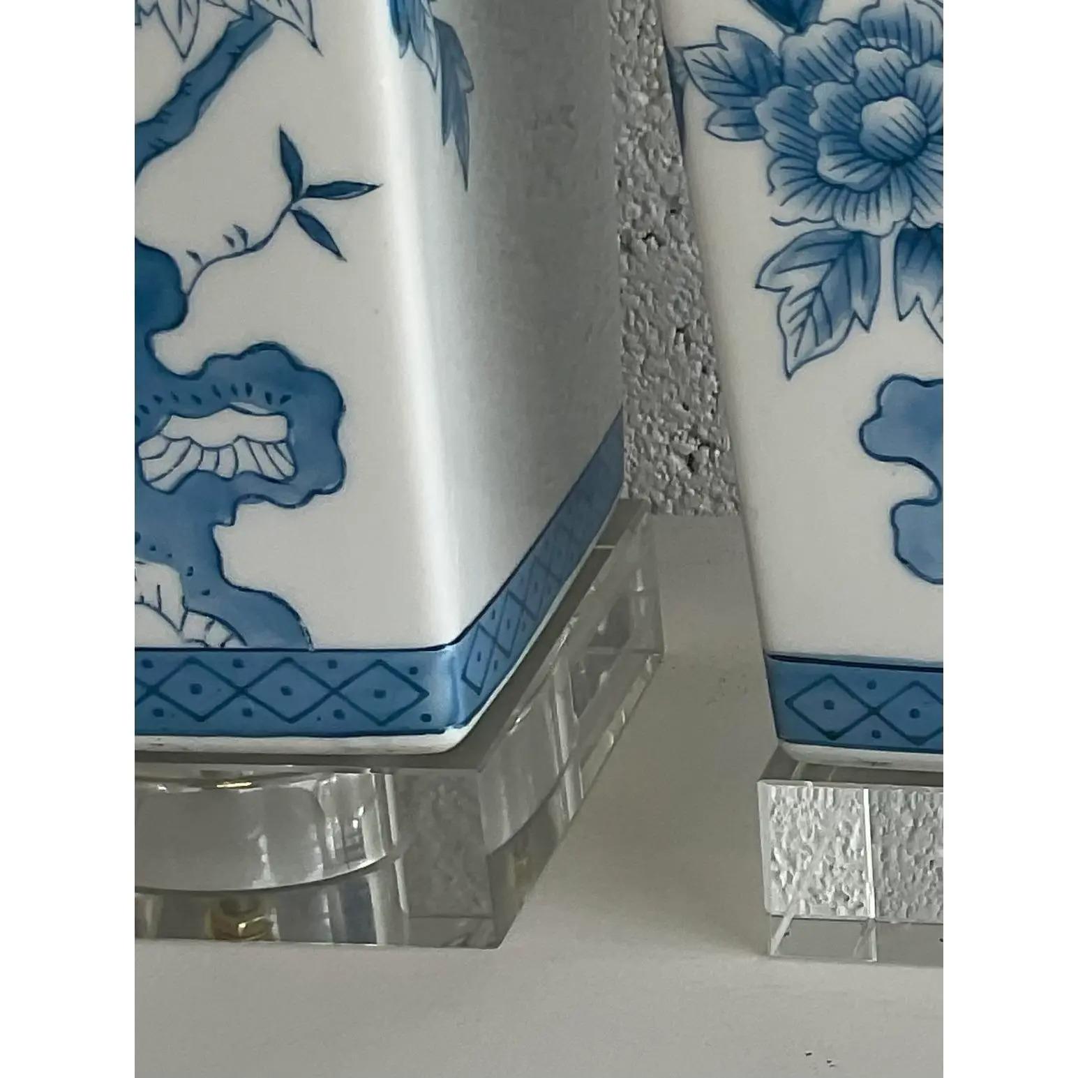 20th Century Vintage Regency Blue and White Chinoiserie Glazed Ceramic Lamps, a Pair