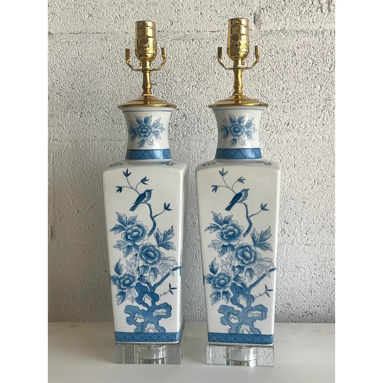 Vintage Regency Blue and White Chinoiserie Glazed Ceramic Lamps, a Pair 1