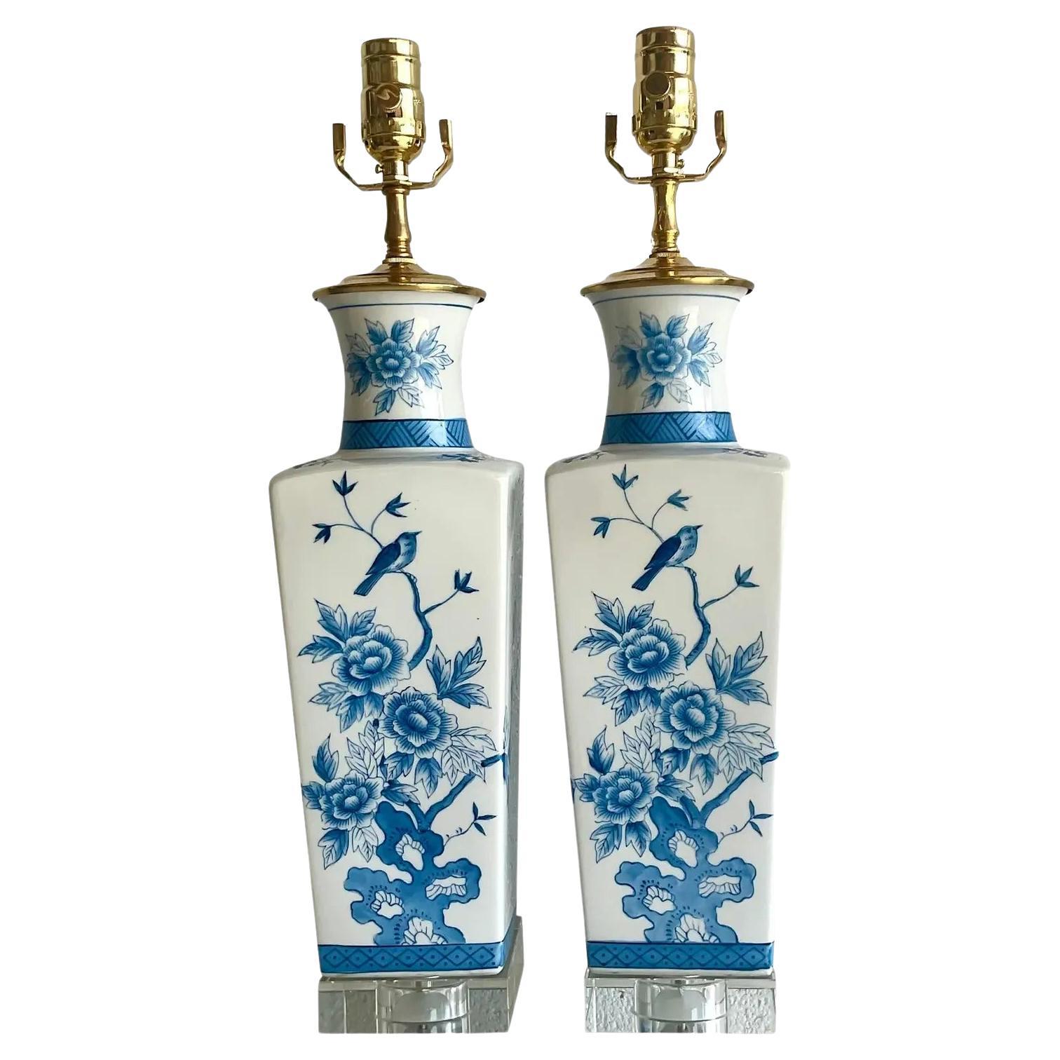 Vintage Regency Blue and White Chinoiserie Glazed Ceramic Lamps, a Pair