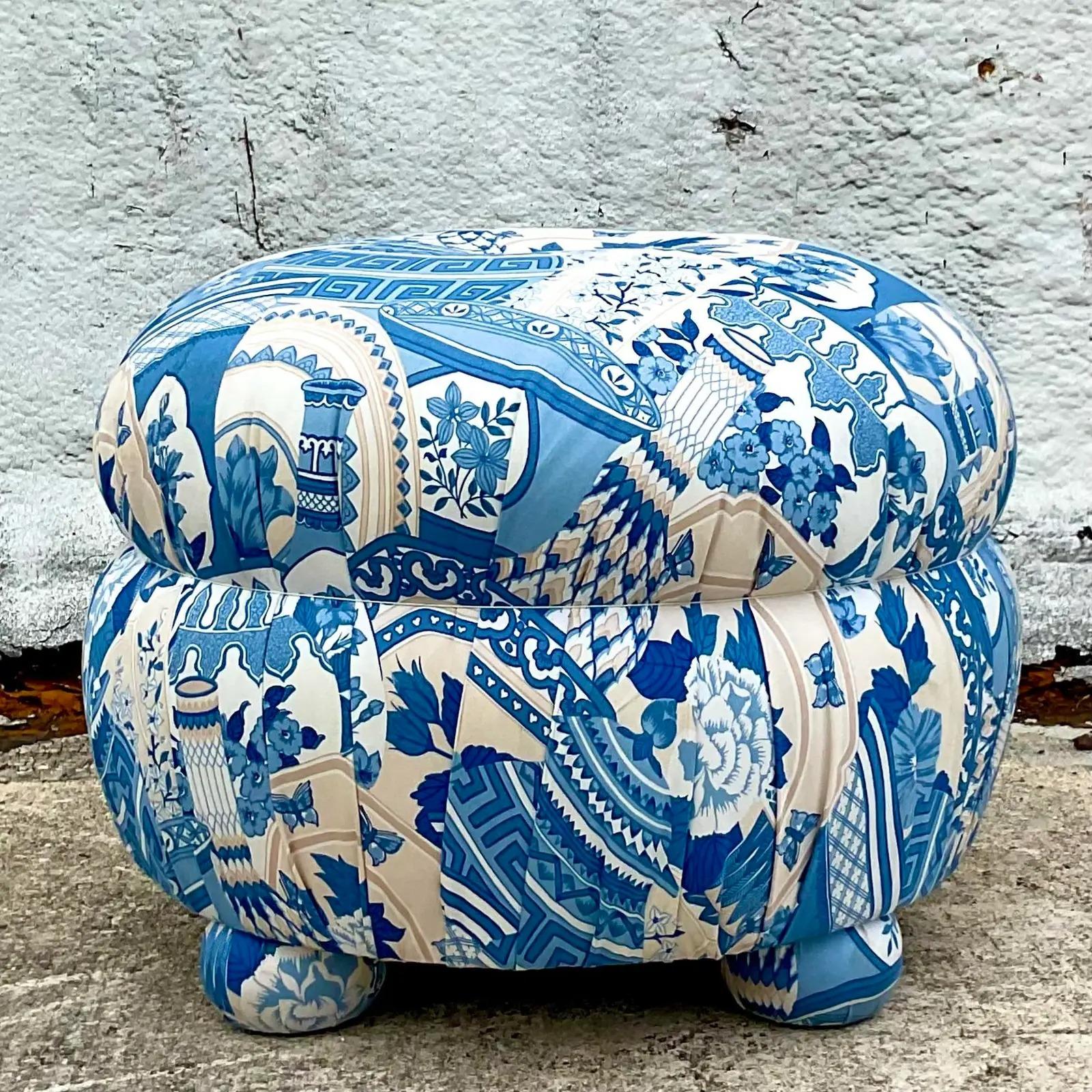 Fabric Vintage Regency Blue and White Ginger Jar Print Tufted Ottoman