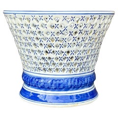 Vintage Regency Blue and White Trellis Cache Pot