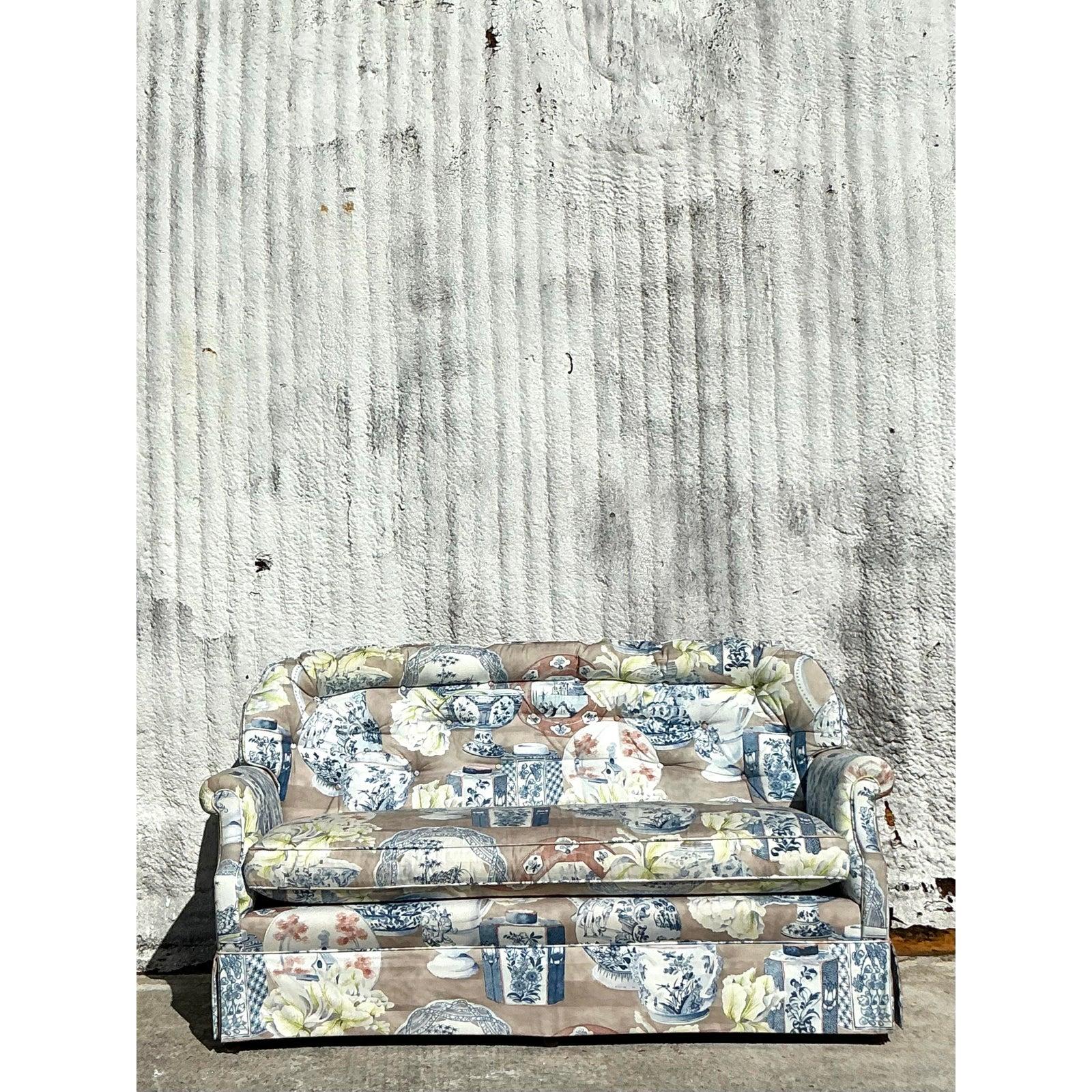 Tissu Causeuse vintage Regency à vase imprimé bleu et blanc en vente