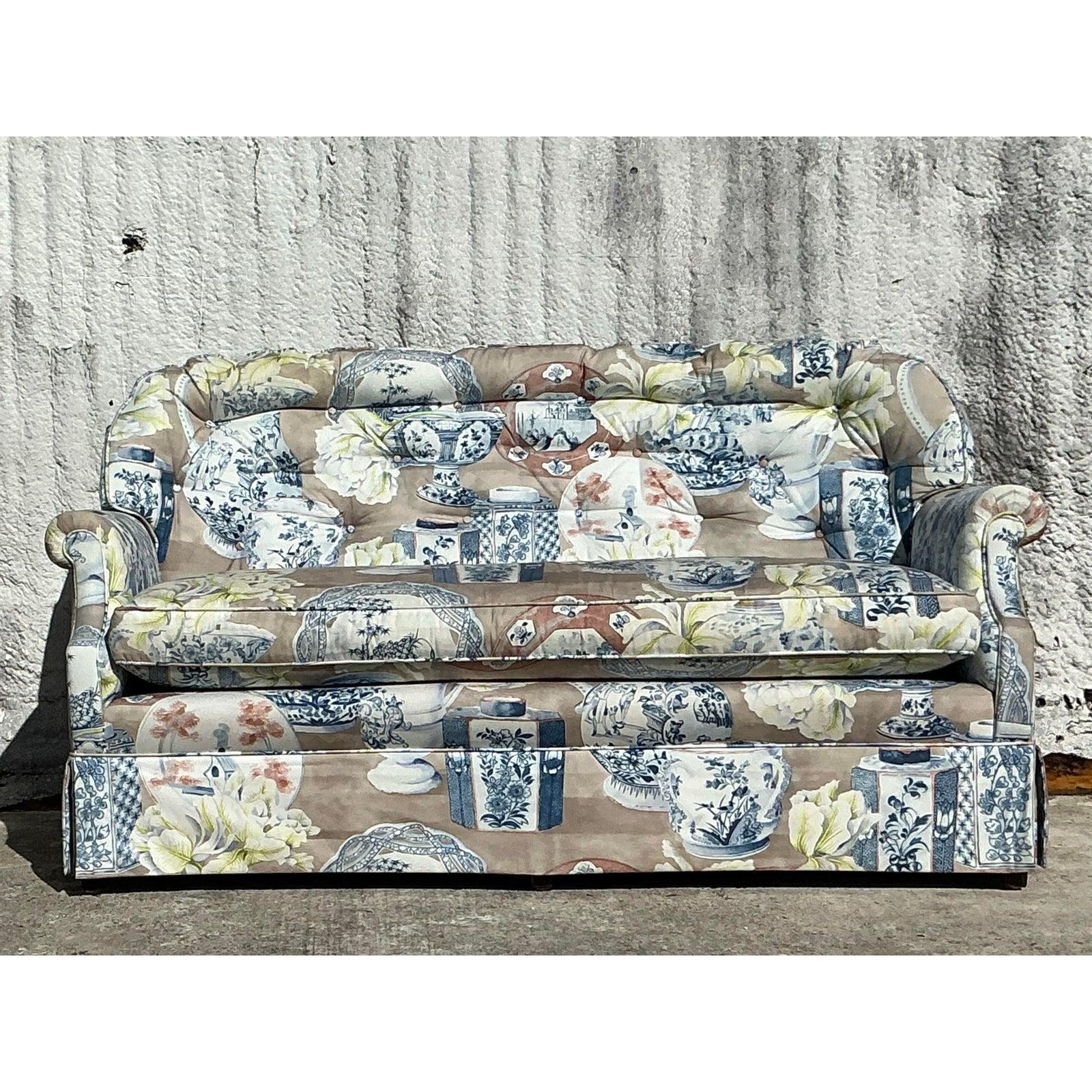Causeuse vintage Regency à vase imprimé bleu et blanc en vente 1