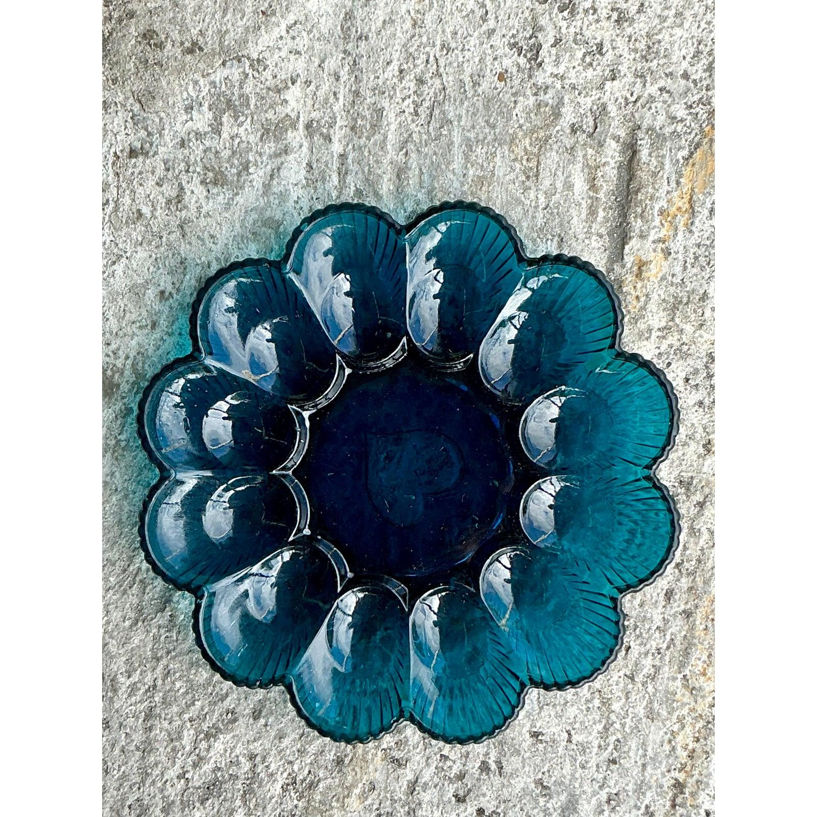Mid-Century Modern Vintage Regency Blue Glass Deviled Egg Tray For Sale