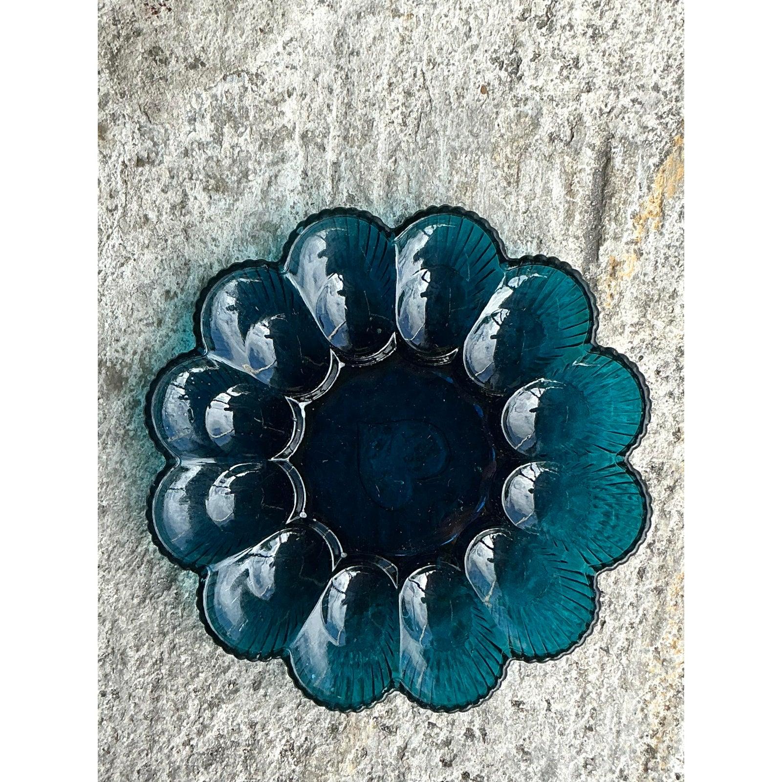 American Vintage Regency Blue Glass Deviled Egg Tray For Sale