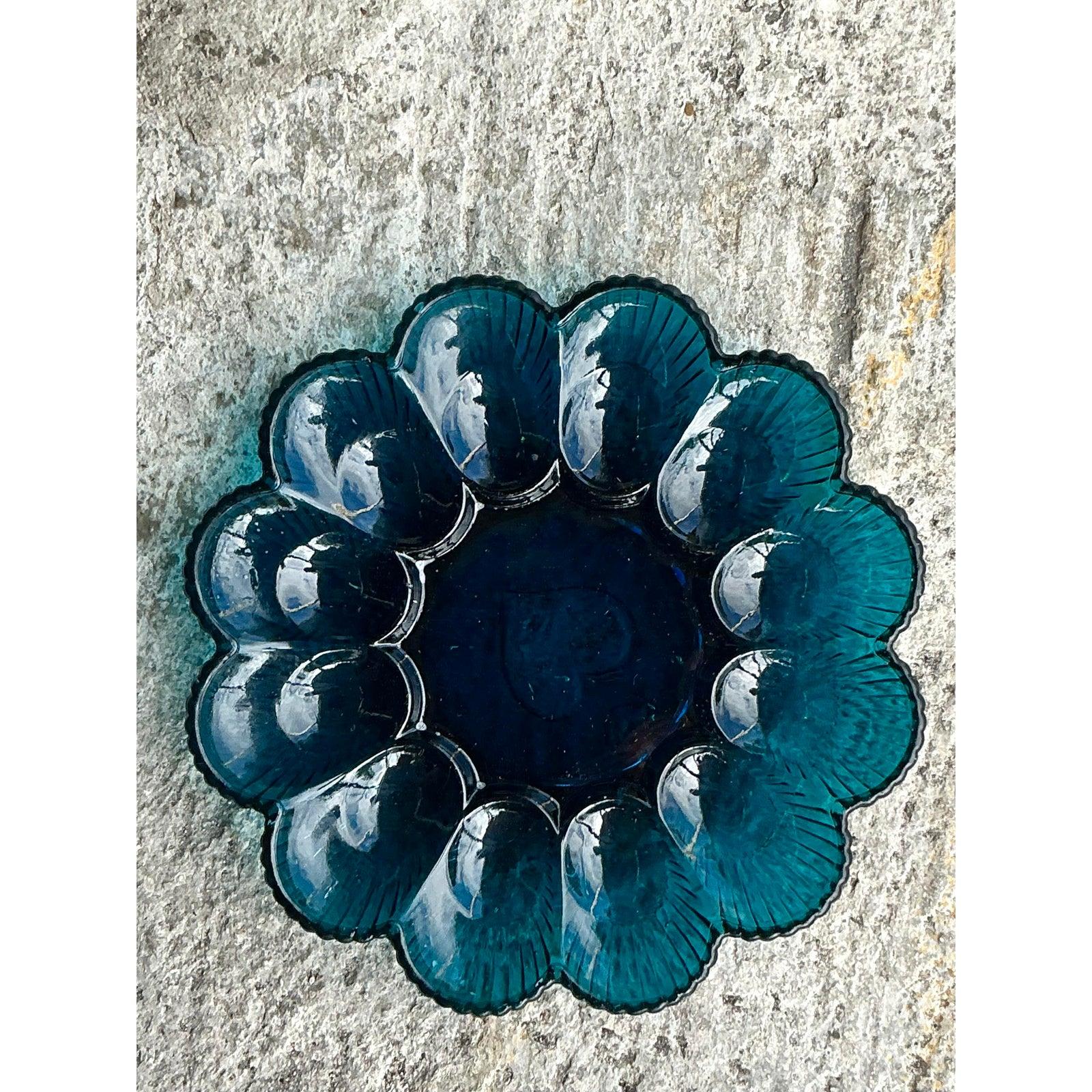 Vintage Regency Blue Glass Deviled Egg Tray In Good Condition For Sale In west palm beach, FL