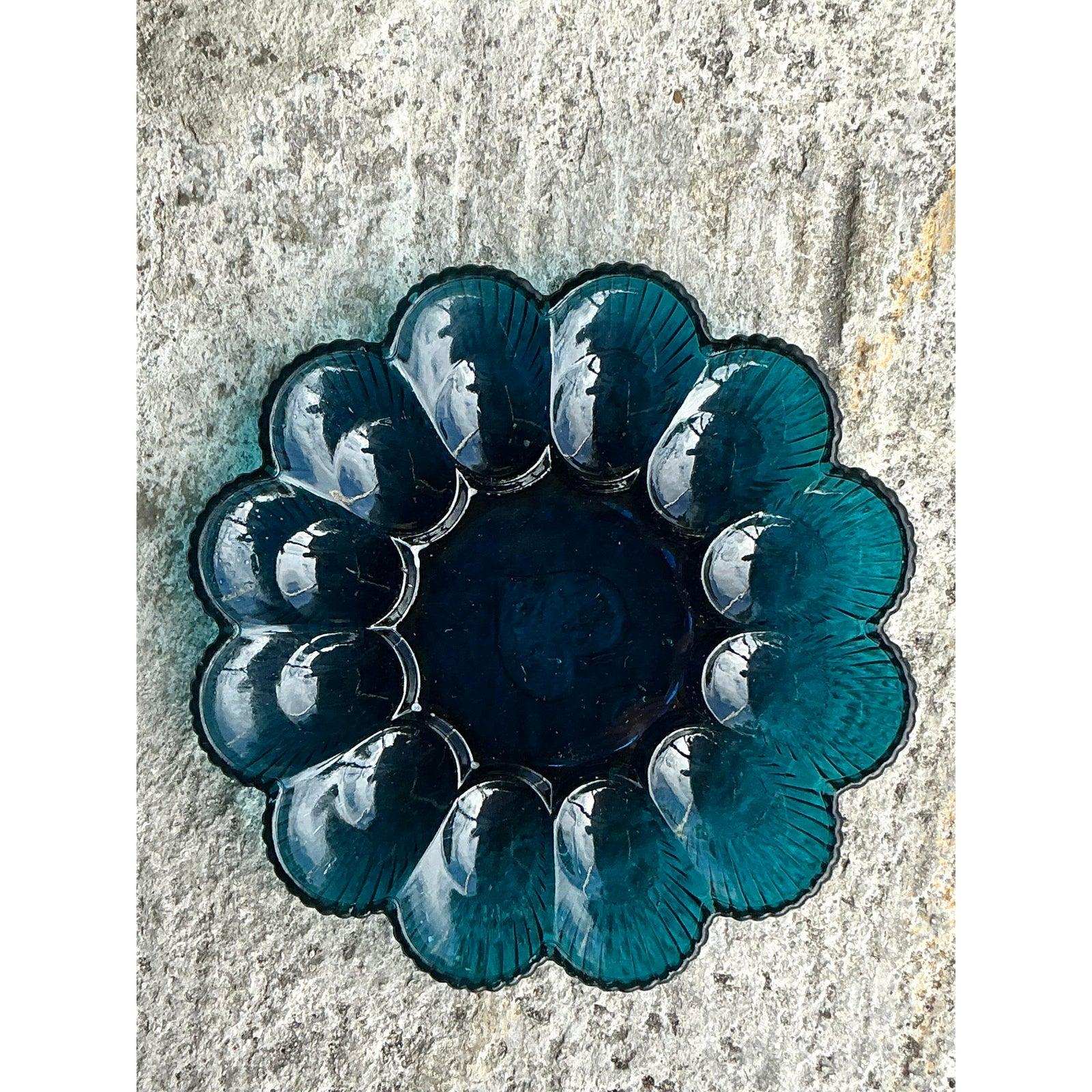 20th Century Vintage Regency Blue Glass Deviled Egg Tray For Sale