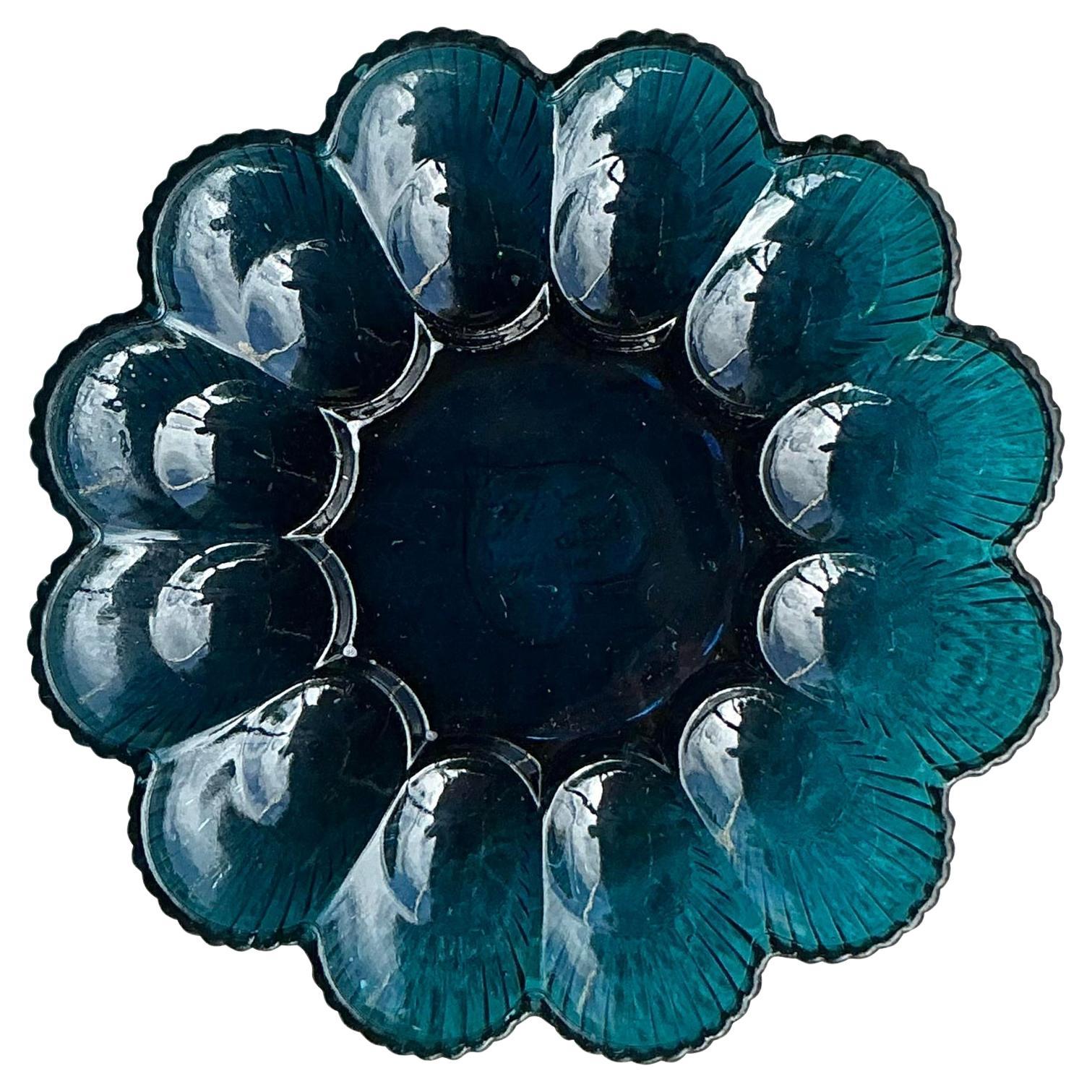 Bandeja de cristal azul vintage Regency para huevos endiablados