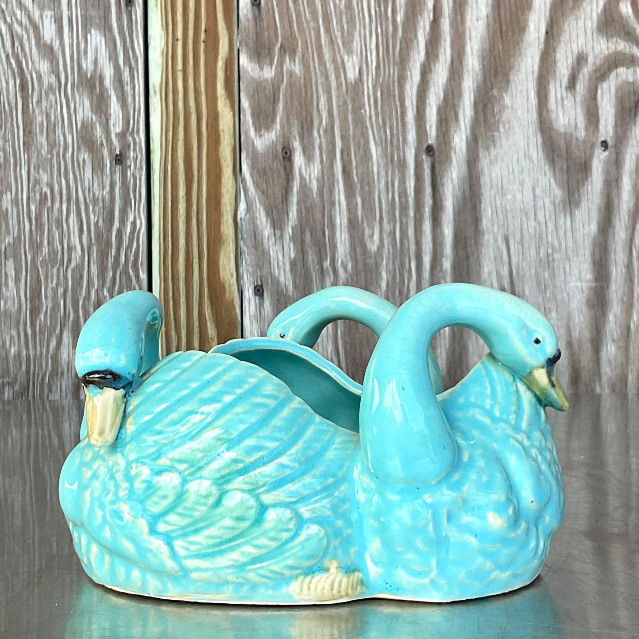 Vintage Regency Blue Swan Centerpiece Bowl In Good Condition For Sale In west palm beach, FL