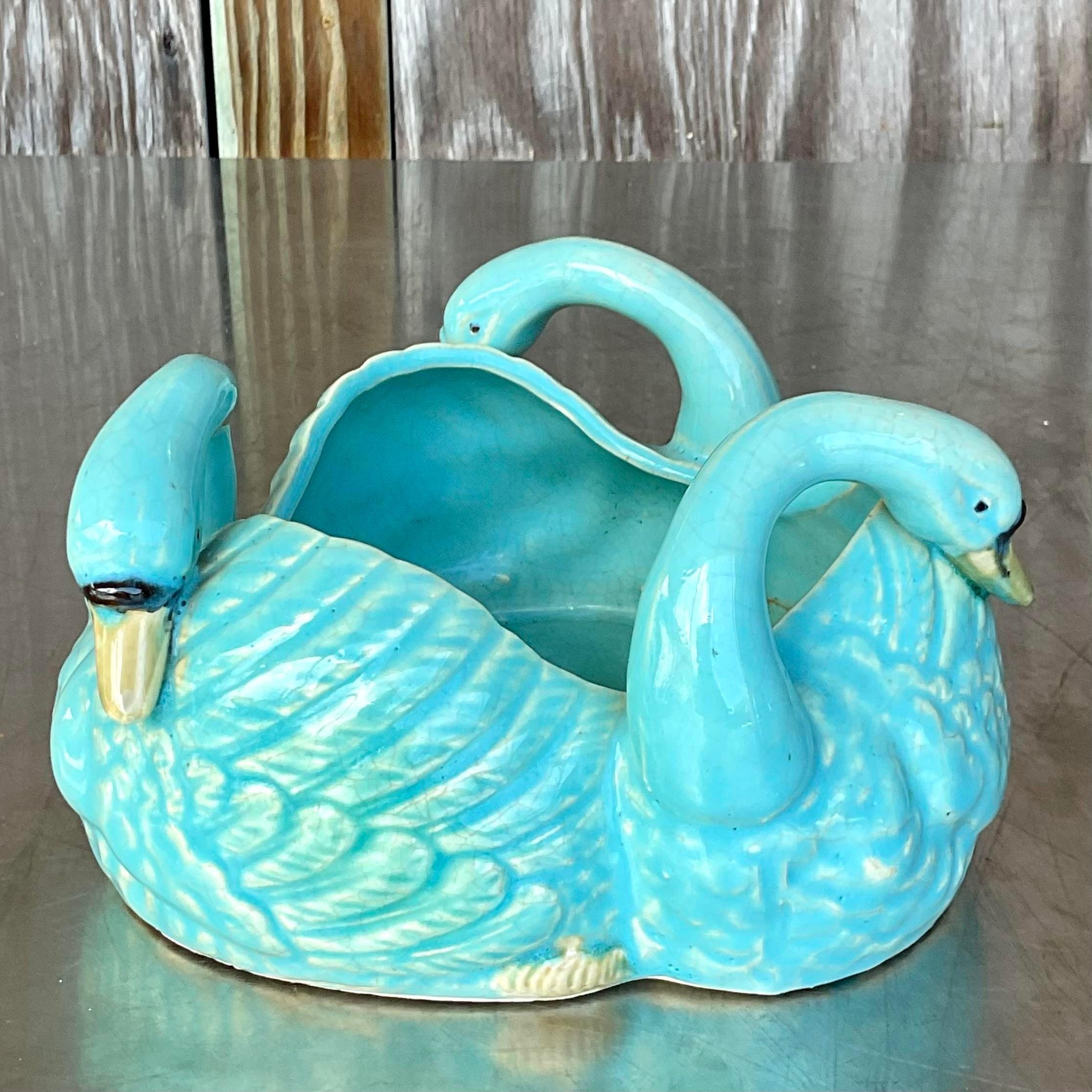 Ceramic Vintage Regency Blue Swan Centerpiece Bowl For Sale