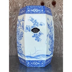 Vintage Regency Blue Willow Glazed Ceramic Low Stool