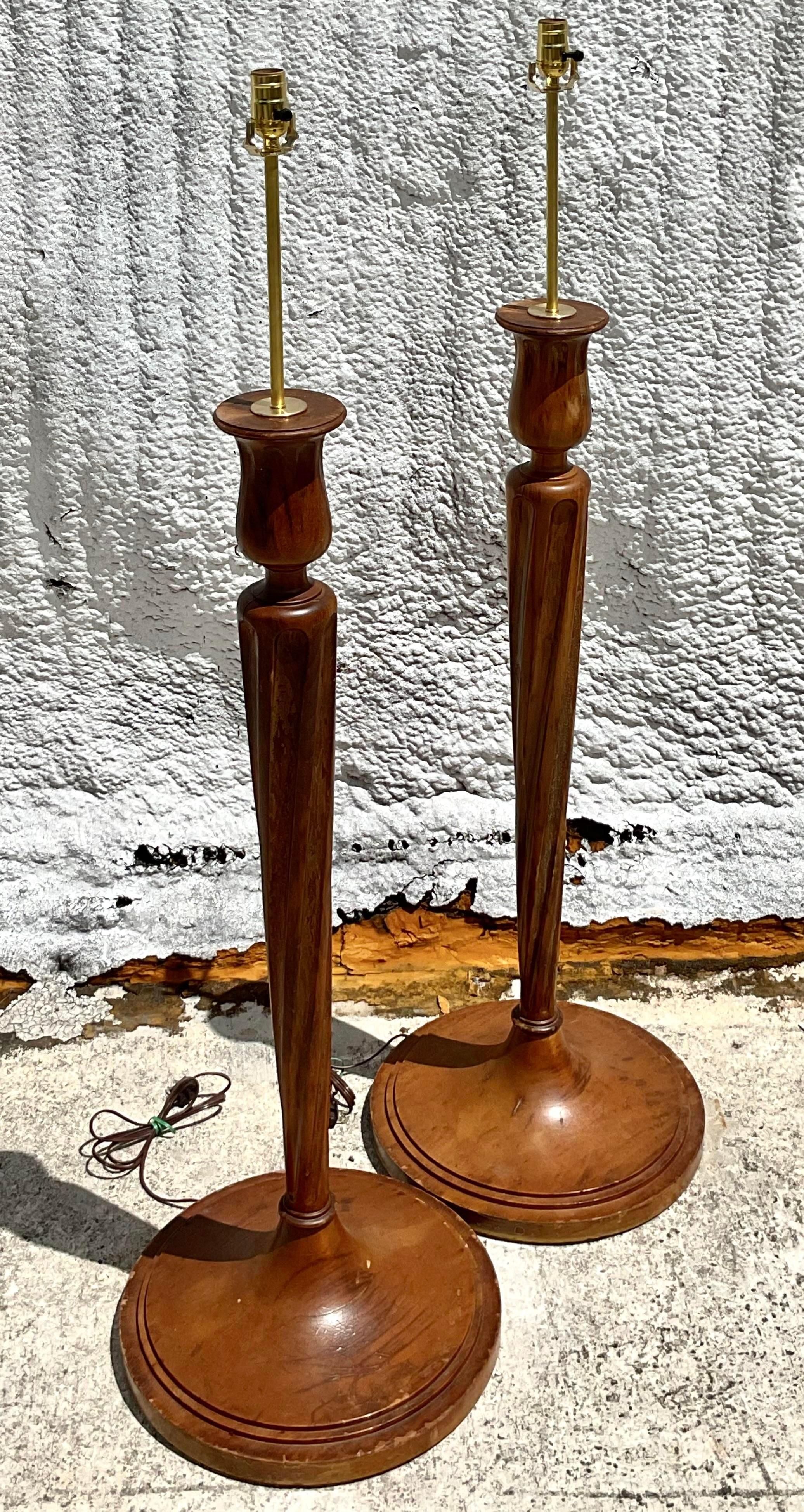 American Vintage Regency Boho Candlestick Wood Floor Lamps - a Pair For Sale